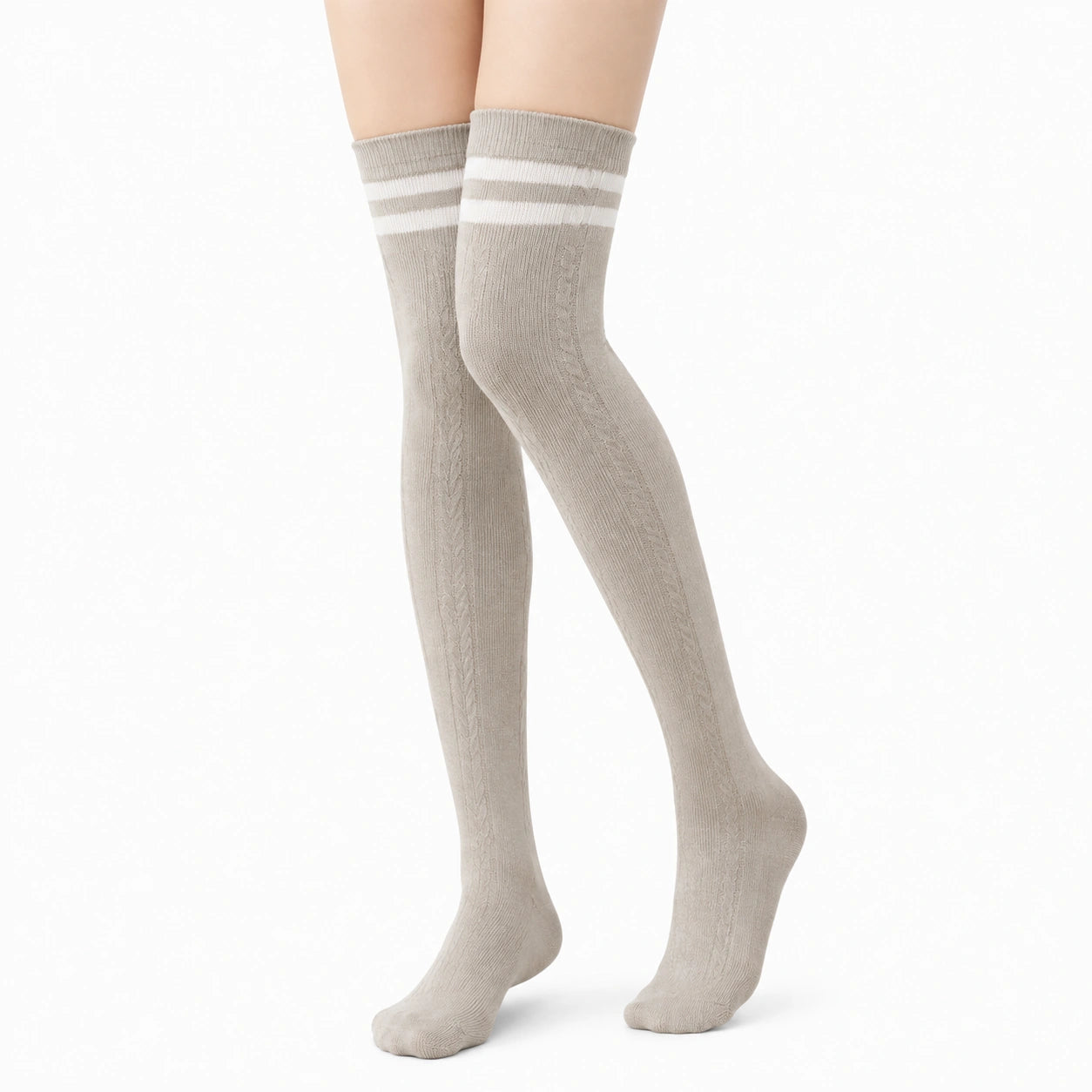 Chaussettes hautes 39-42 en maille beige à rayures blanches style torsadé