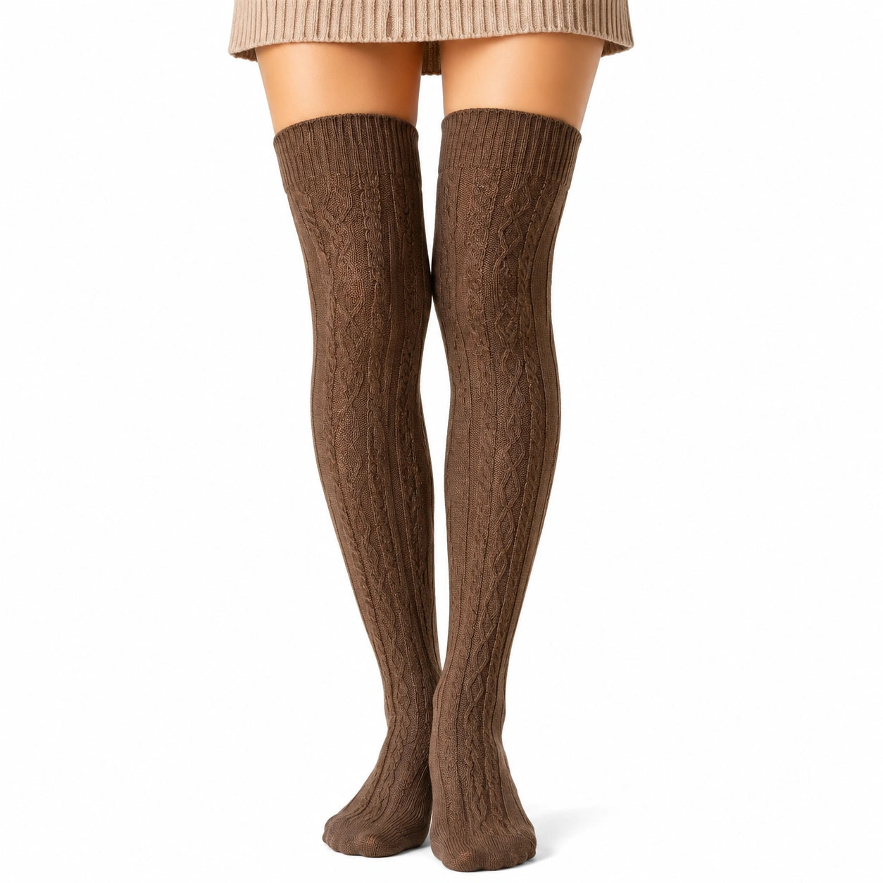 Chaussettes hautes femme 35-38 en maille marron - motif torsadé