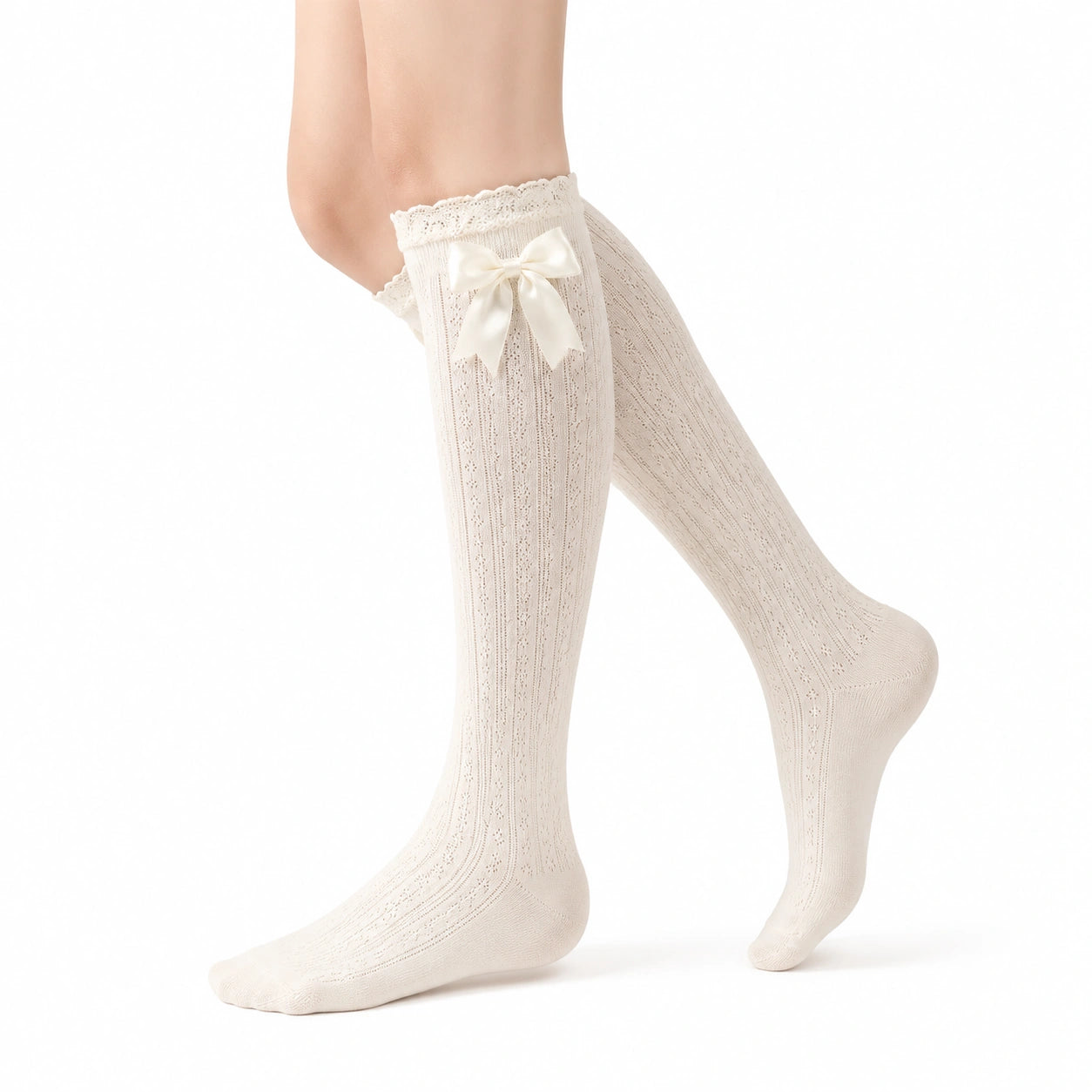 Chaussettes hautes 35-38 en maille crème avec nœud style romantique