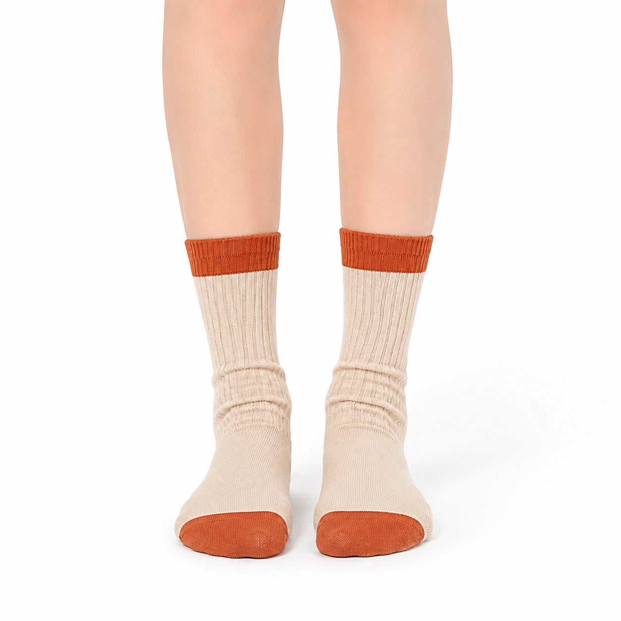 Chaussettes mi-mollet 35-38 en maille beige et terracotta côtelées décontractées