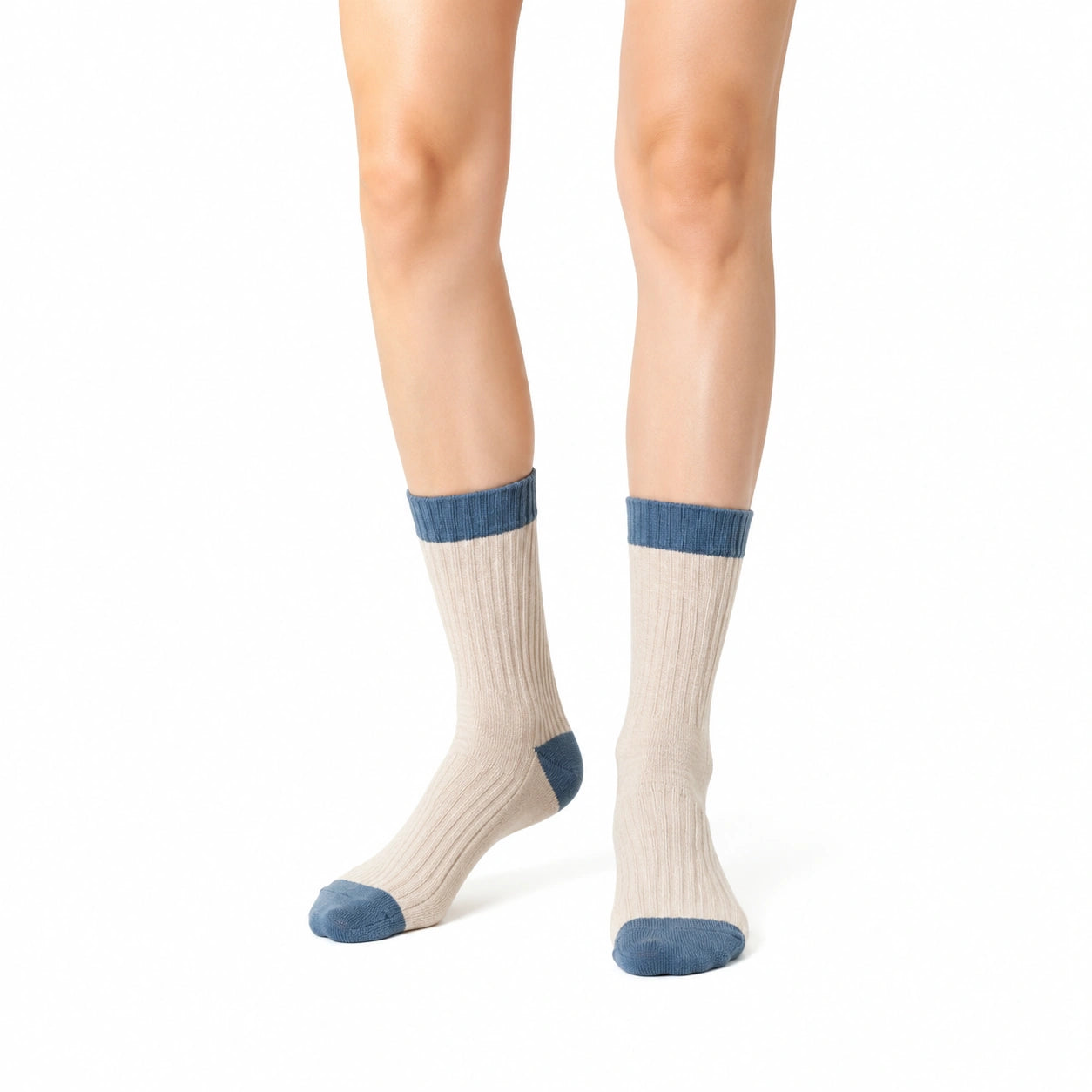 Chaussettes mi-mollet 39-42 en maille beige bleu côtelée