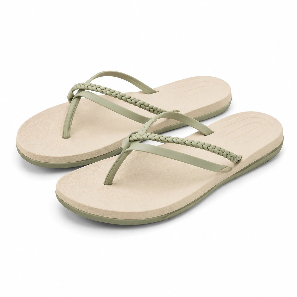 Tongs 40/41 beige et vert sauge à brides tressées en matière synthétique style décontracté